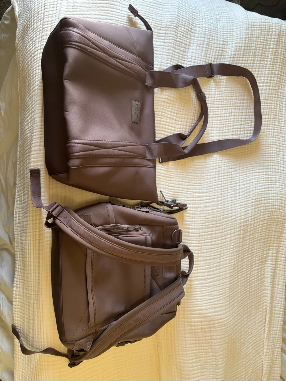 Dagne Dover in Dune Landon carryall and Indi diaper bag Set